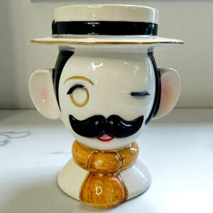 Head Vase Vintage Handlebar Mustache Man Planter Barbershop Irving Rice Monocle